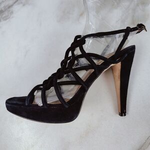 Max Studio Black Woven Suede Leather Caged Gladiator Platform Sandals Heels, 7